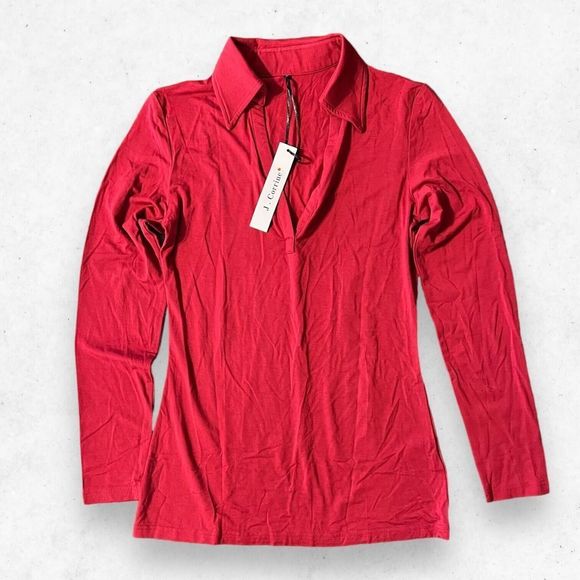 J. Corrine Red Polo Blouse Women's Size Small‎ Long Sleeve Deep V Neck Stretch - Picture 1 of 6